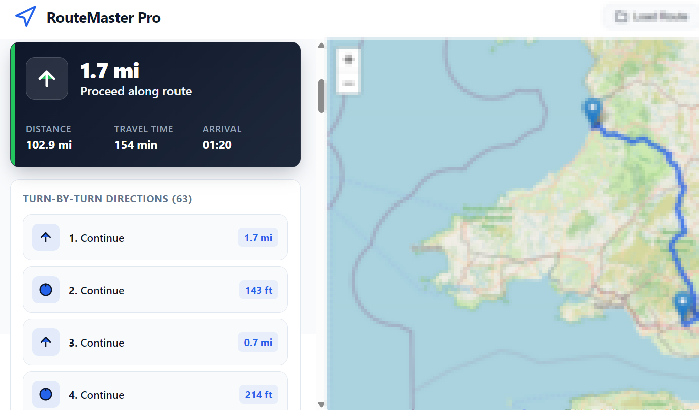 Turn-by-turn delivery route guidance showing distance, travel time and estimated arrival time