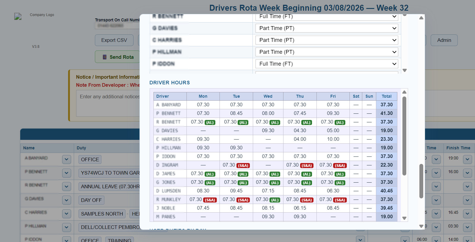 Driver Rota Manager administration panel for driver and vehicle data