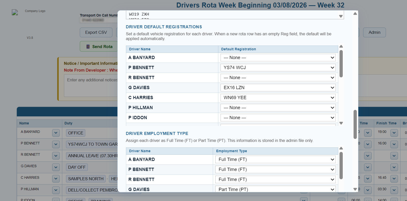 Driver rota reporting and administration tools