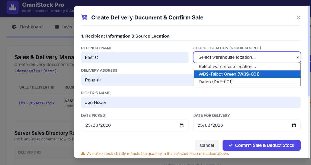 Sales and delivery record linked to inventory from a selected warehouse