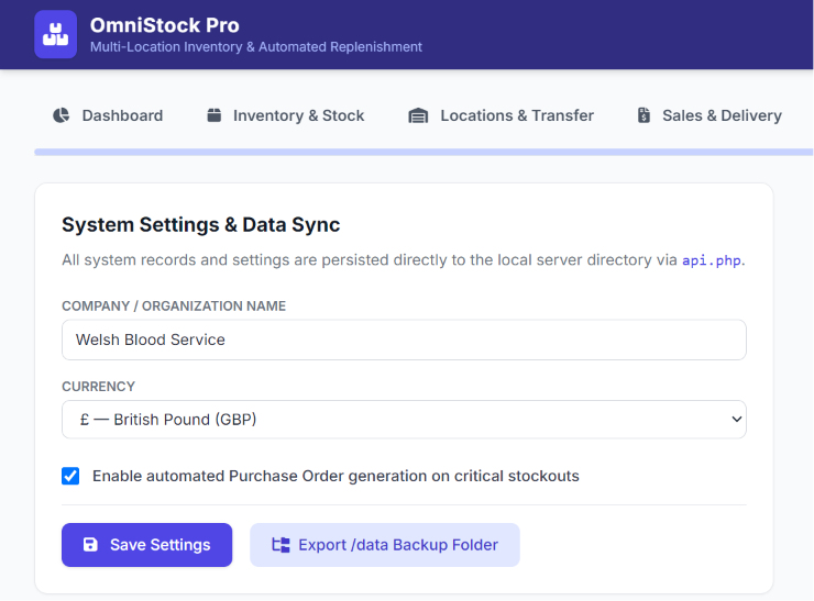 Inventory settings and backup workspace