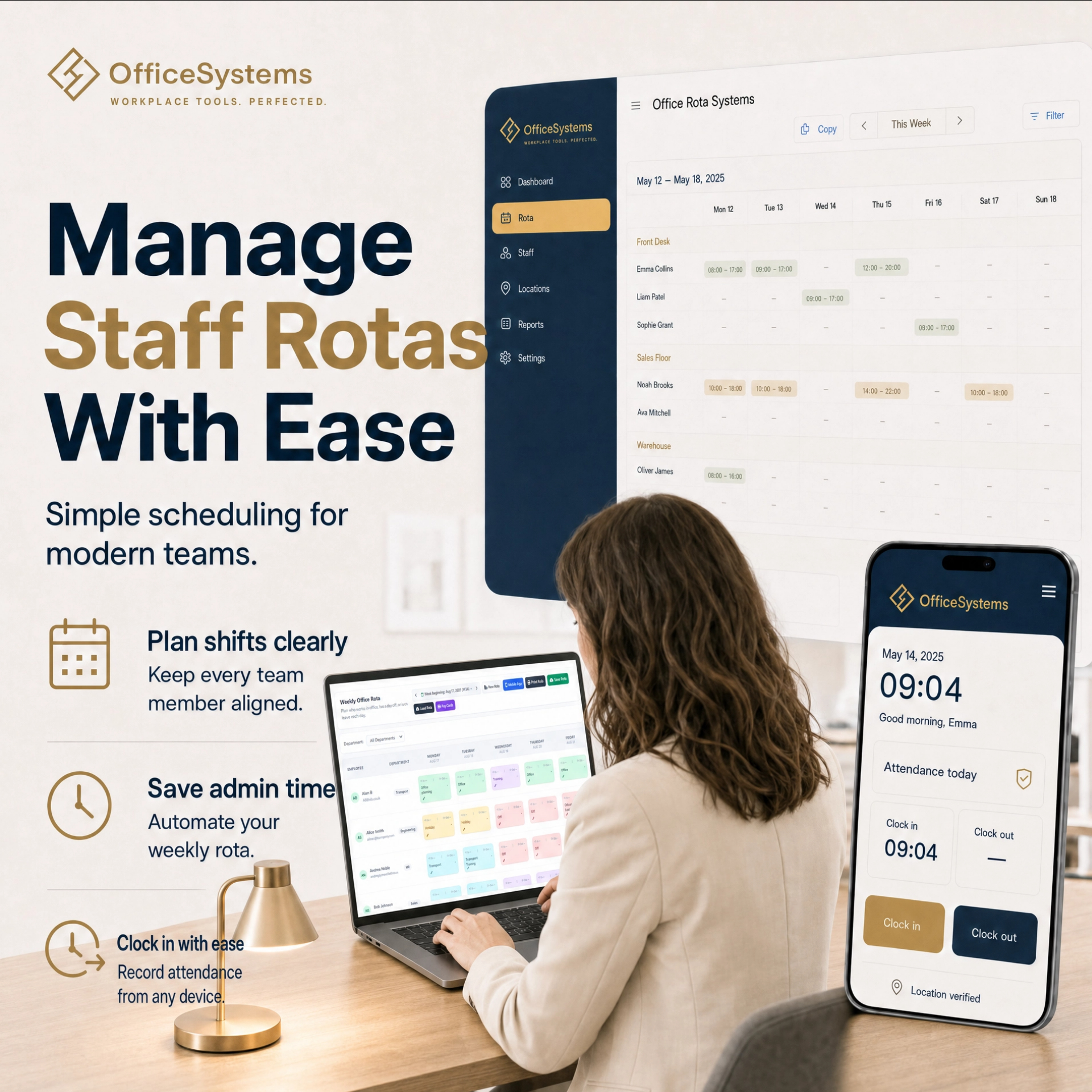 Office Staff Scheduler for managing staff rotas, attendance and mobile clock-in