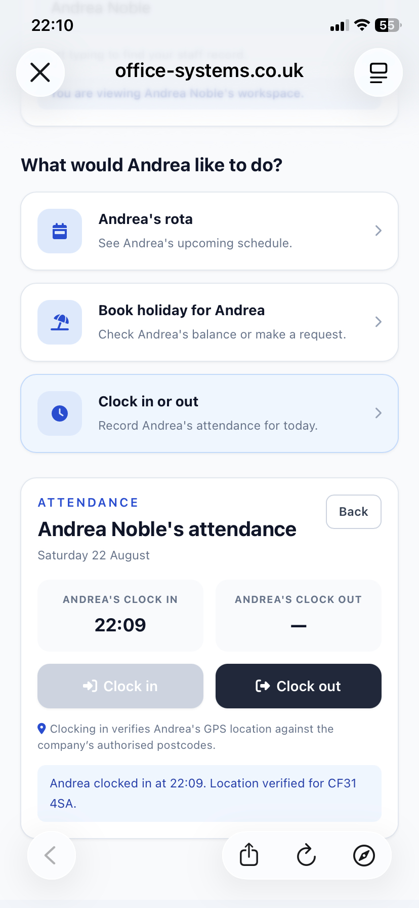 Mobile staff rota app showing live rota updates and clock-in actions