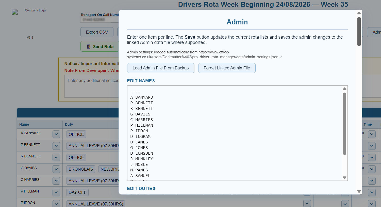 Driver rota administration workspace for managing rota data