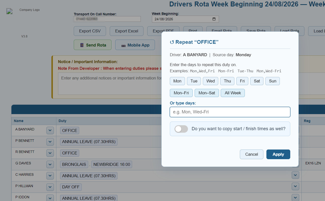 Pro Driver Rota Manager tool for copying recurring duty segments