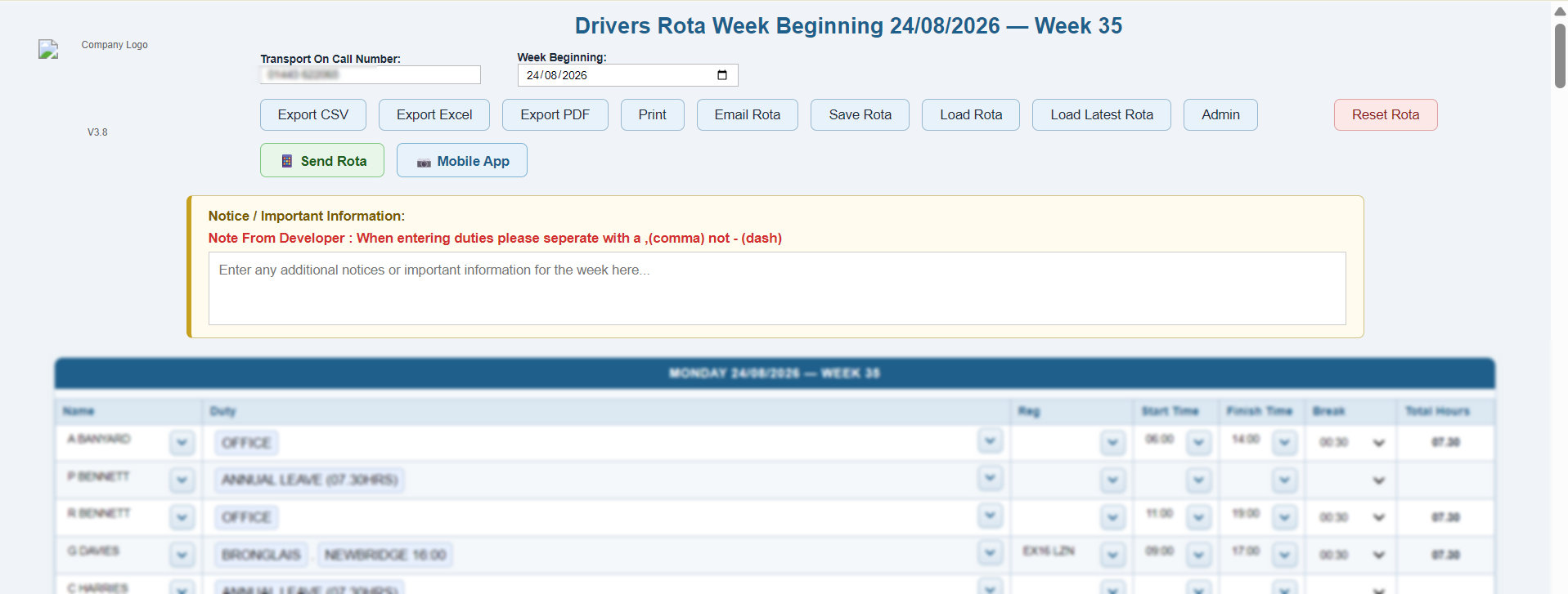 Export and print formats for a weekly driver rota