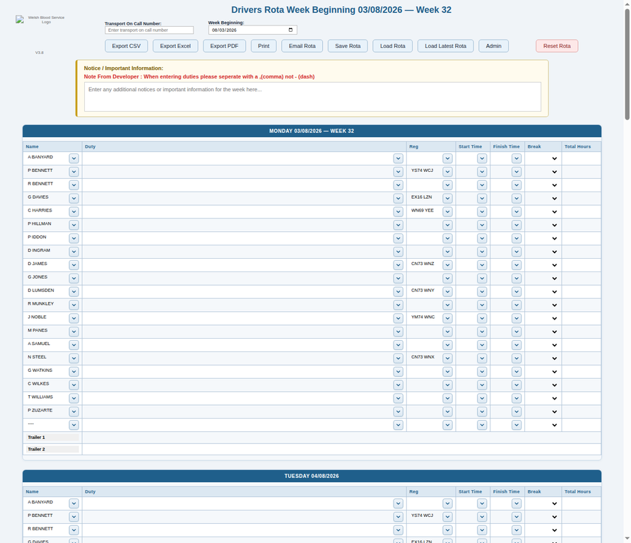 Driver Rota Manager weekly grid