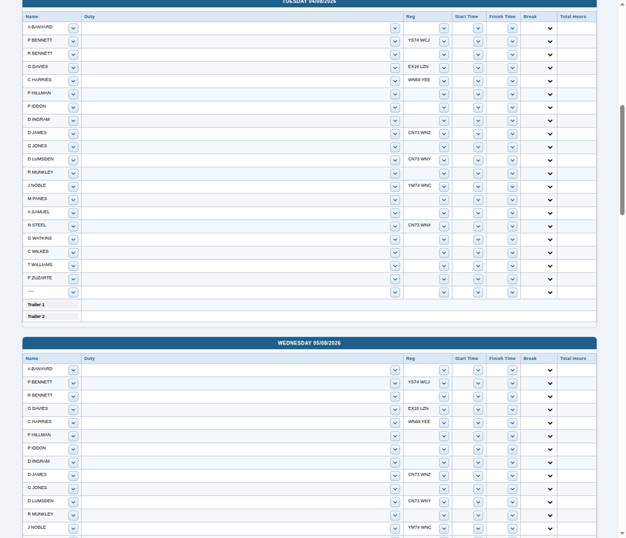 Driver Rota Manager multi-day view