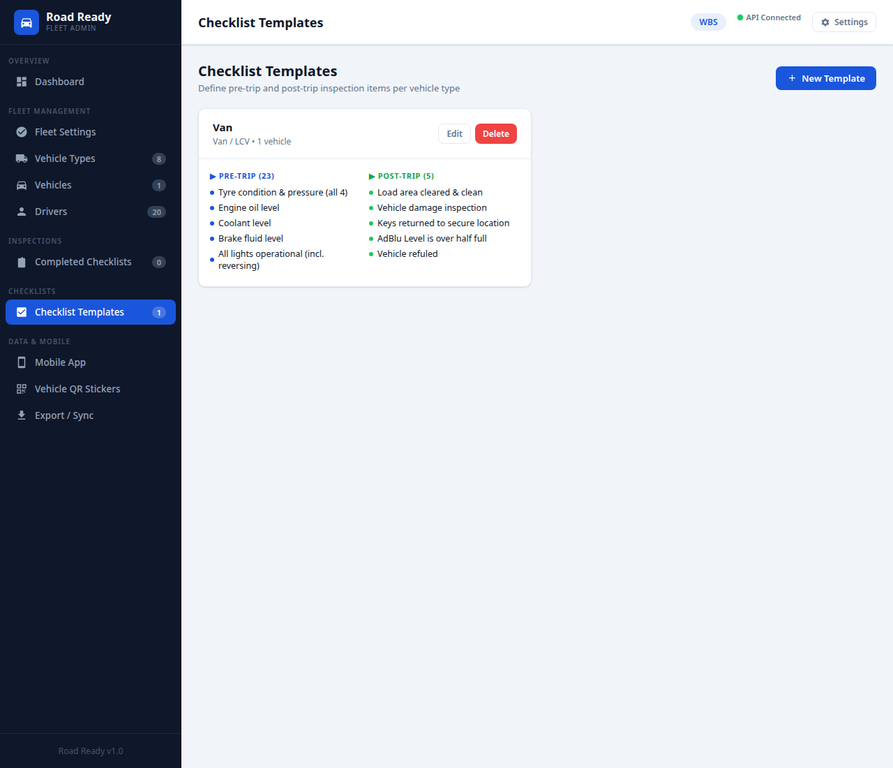 Road Ready checklist templates